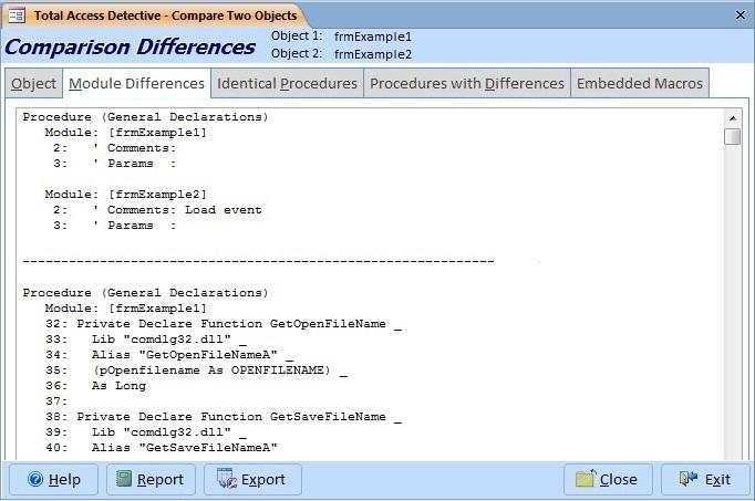 Total Access DetectiveWhether it's two databases or two objects in one database, quickly determine exactly what's different. Eliminate the guess work and easily