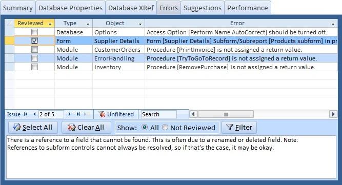 Total Access AnalyzerGenerate comprehensive analysis and documentation of your Access databases and detect over 100 types of errors, improvement suggestions, an