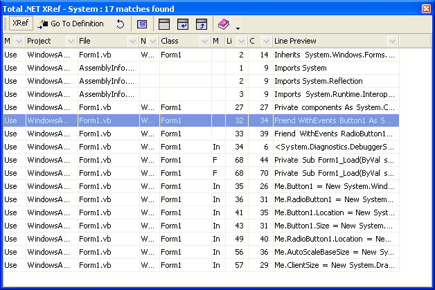 The Total .NET XRef ToolwindowThe Total .NET XRef Toolwindow contains most of the program’s functionality. Its main purpose is to show you a list of references,