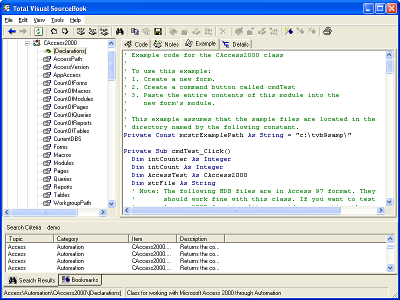 Total Visual SourceBook Total Visual SourceBook is a Code Library for that provides a solution to your VBA code problems for Visual Basic 6 and Access/Office. E