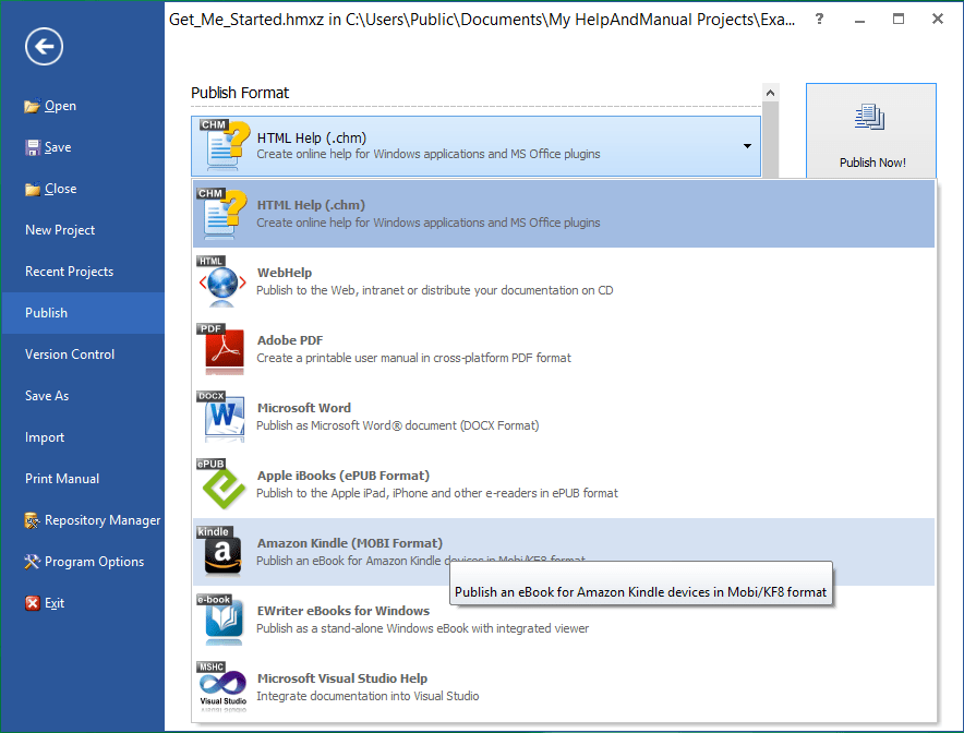 Multi FormatYou can output your projects to all standard Windows help formats (HTML Help, Winhelp and MS Help 2.0 / Visual Studio Help), browser-based Help, PDF