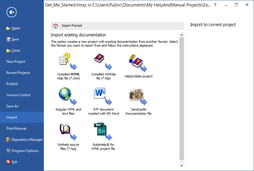 Easy migrationHelp & Manual imports regular HTML and text files, compiled HTML Help, Word files (RTF format), Winhelp source files and even decompiles HLP f