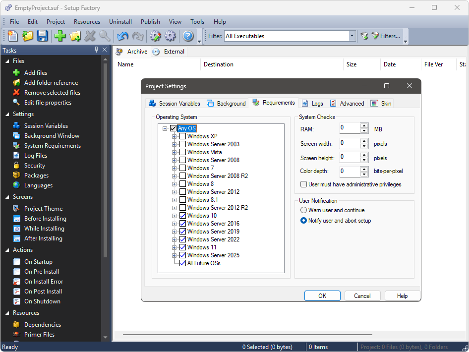 Works with Windows XP SP2 through Windows 11Setup Factory includes all of the latest OS detections, automatically populated built-in variables with the latest f