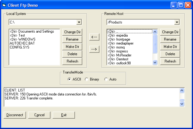 Client FTPThe FTP component can be used to build an FTP client. It allows browsing of directories, uploads and downloads of files, and more.