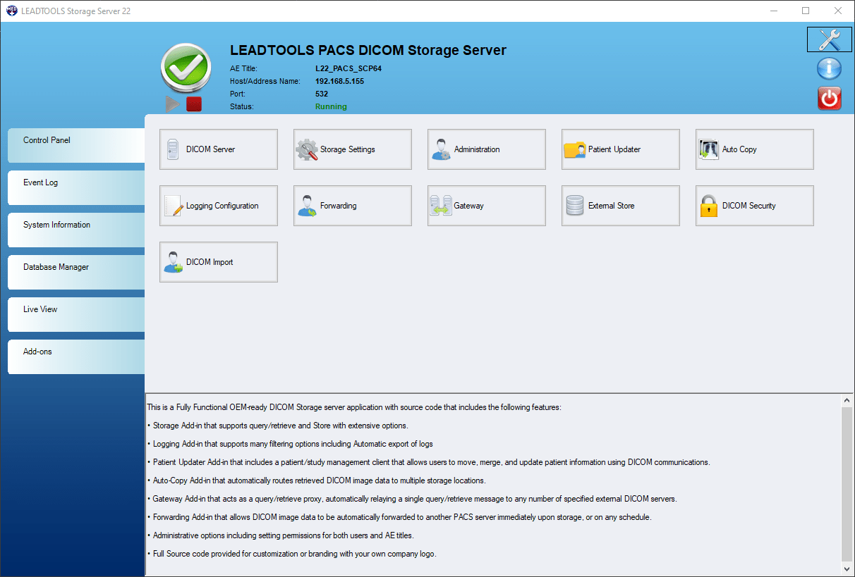PACS StorageManage existing PACS storage servers with the LEADTOOLS PACS DICOM Storage Server Manager.
