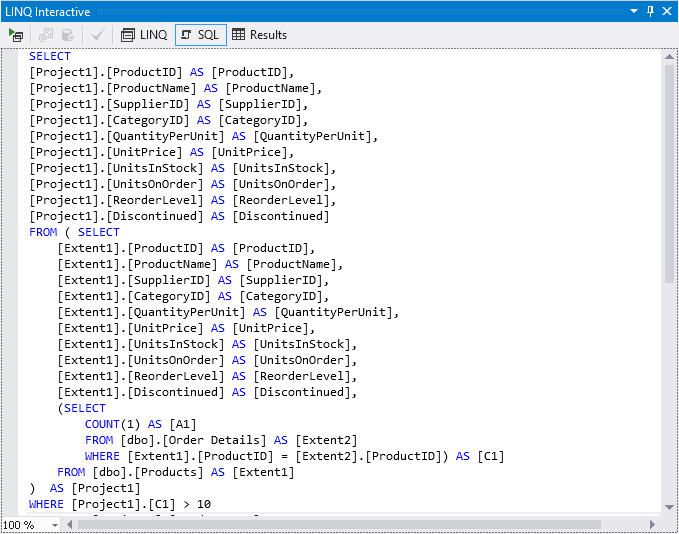 View the generated SQL with the parameter values used.