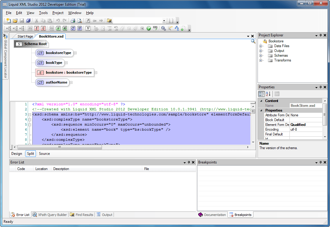 XML Schema EditorA graphical XSD editor, allowing you to visualize and edit your schemas. The editor provides an abstracted view of the XSD making it simple to