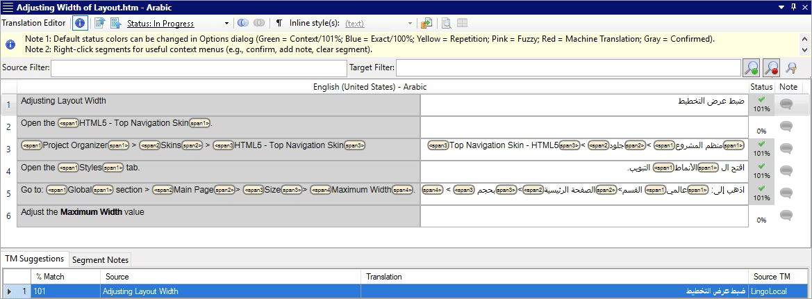 Translation Memory Suggestions Take advantage of previously translated content and get suggestions while working in the editor.