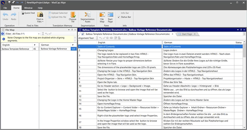Align UtilityWith the computer aided translation tool, translators can create an alignment project and manually align files and segments as needed.
