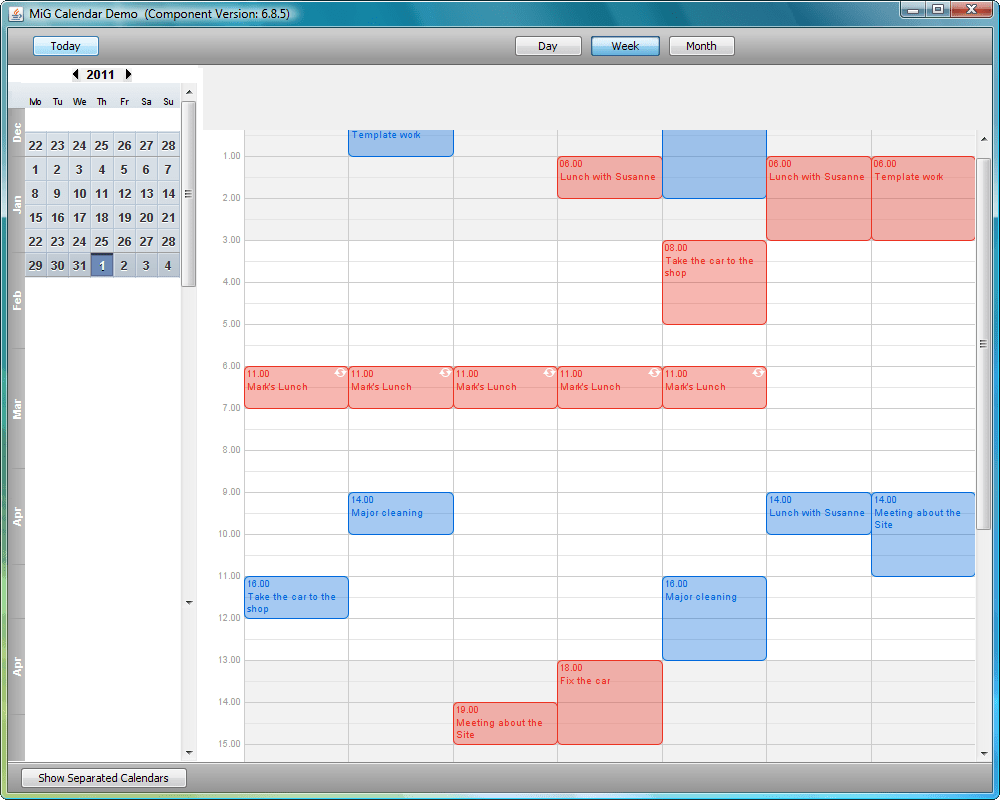 Java BeansMiG Calendar Component Suite has been tested with all major IDEs and many of the smaller ones. The Java Beans are now as extensible and flexible as th