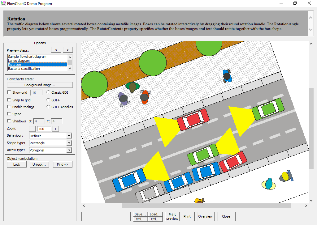 RotationThis traffic Diagram screenshot shows boxes containing metafile images. Boxes can be rotated interactively by dragging their round rotation handle.