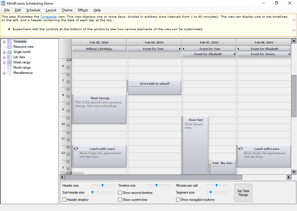 Timetable ViewThis view displays one of more days, divided in arbitrary time intervals from 1 to 60 minutes