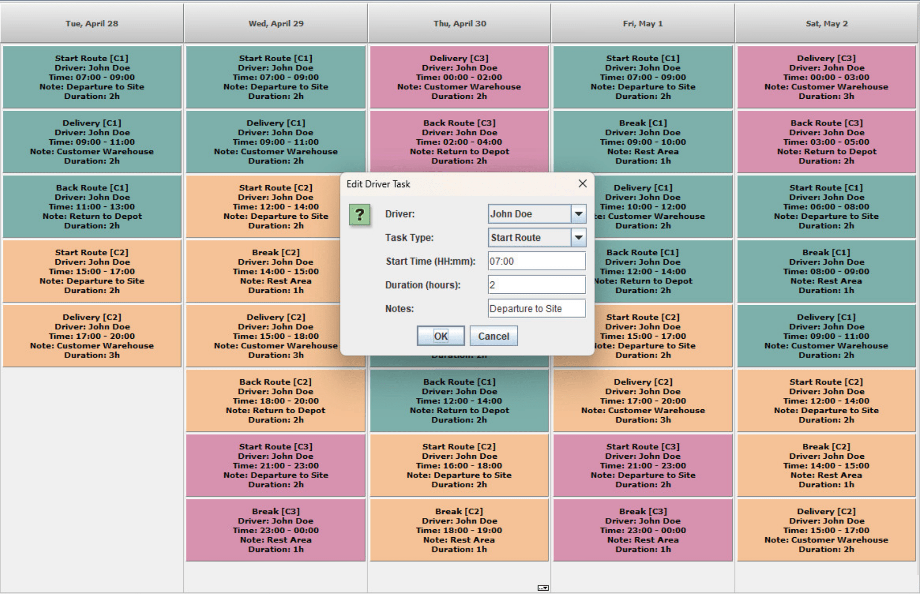 Driver ScheduleShows how to manage fleet lanes, handle overlapping tasks, and integrate custom management dialogs for streamlined logistics.