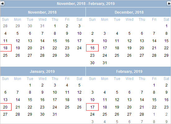 RecurrenceThe sample uses MindFusion.Scheduling Recurrence objects and custom drawing to mark days that match a specific recurrence pattern - every 3rd Friday o