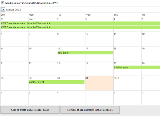 SWT Calendar ApplicationAn SWT application that integrates the Java Swing Calendar and demonstrates how to handle events both way: from the SWT UI to the calend