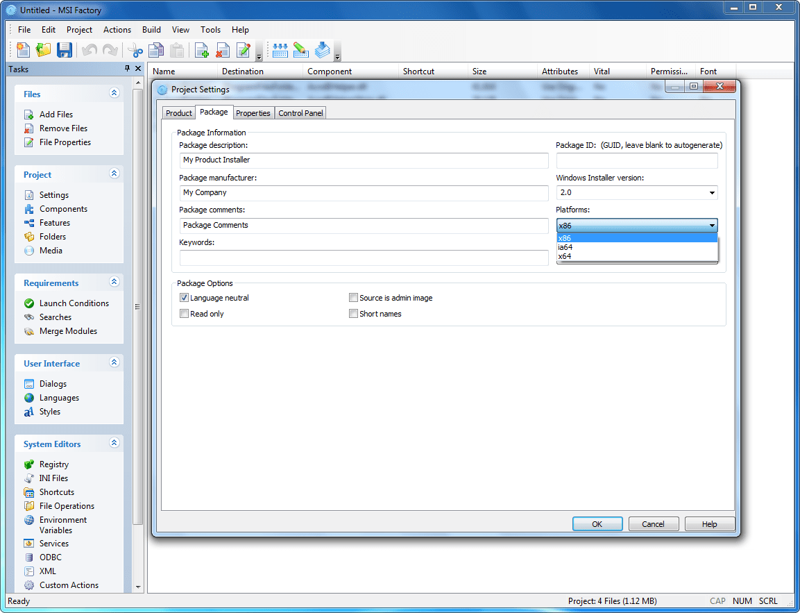 Features ManagerThe Features dialog allows you to add, edit and remove features as well as to organize your components and merge modules into features. You can