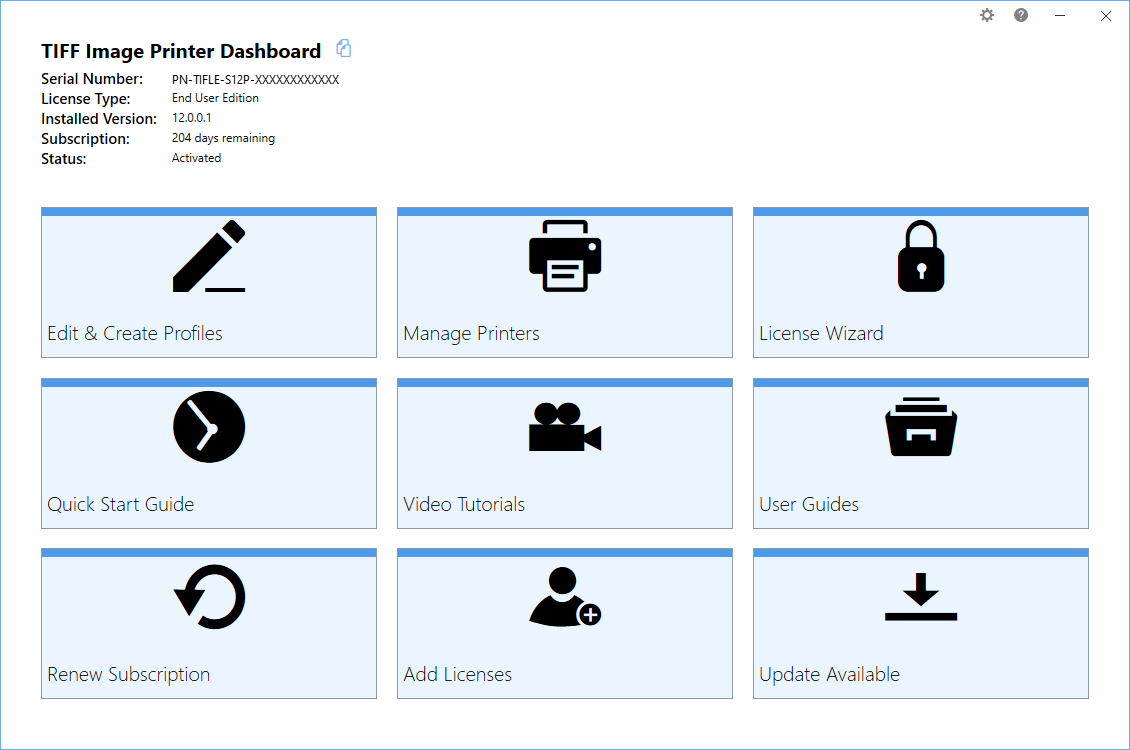 TIFF Image Printer DashboardThe TIFF Image Printer Dashboard is the control center which brings all the tools for creating and editing profiles, managing printe