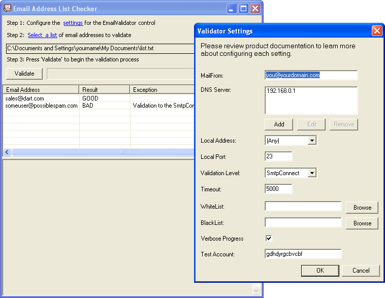 Screenshot of PowerTCP Email Validation for .NET