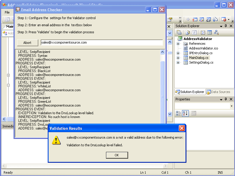 Single Address ValidationUsing PowerTCP Email Validation for .NET you can validate a single email address using all configurable properties of the Validator inc