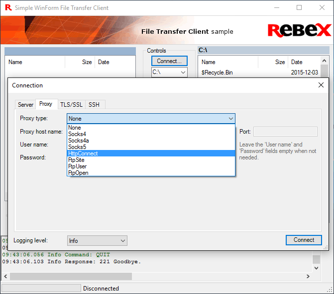 Supported Proxy ServersSocks4, Socks4a (Socks4 with domain name resolving), Socks5, HTTP proxy CONNECT method (ftp://user:password@site), FTP SITE(SITE with log