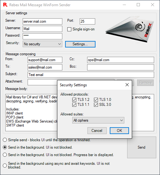TLS and SSLRebex Secure Mail enhances the standard SMTP, POP3 and IMAP protocols by utilizing the well known and widely used TLS and SSL protocol.