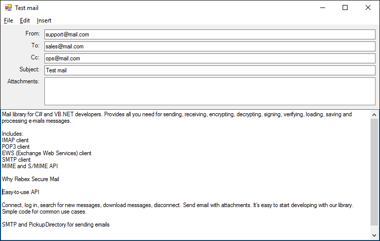 Rebex Mail for .NETRebex Mail for .NET provides the ability to send mail via SMTP, download it with POP3 or access a remote mailbox using IMAP from your .NET ap