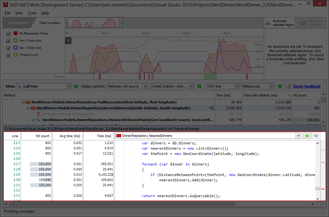 Drill down to slow lines of code with line-level timingsProfile C# or any other .NET code line by line, with precise timing data so you can find issues at a gla