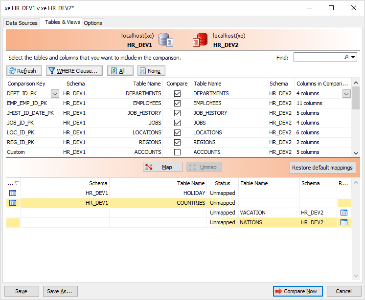 Selecting tables to compareWhen you create a project and you have selected your databases, you can specify which tables, views, and columns to compare. You ente