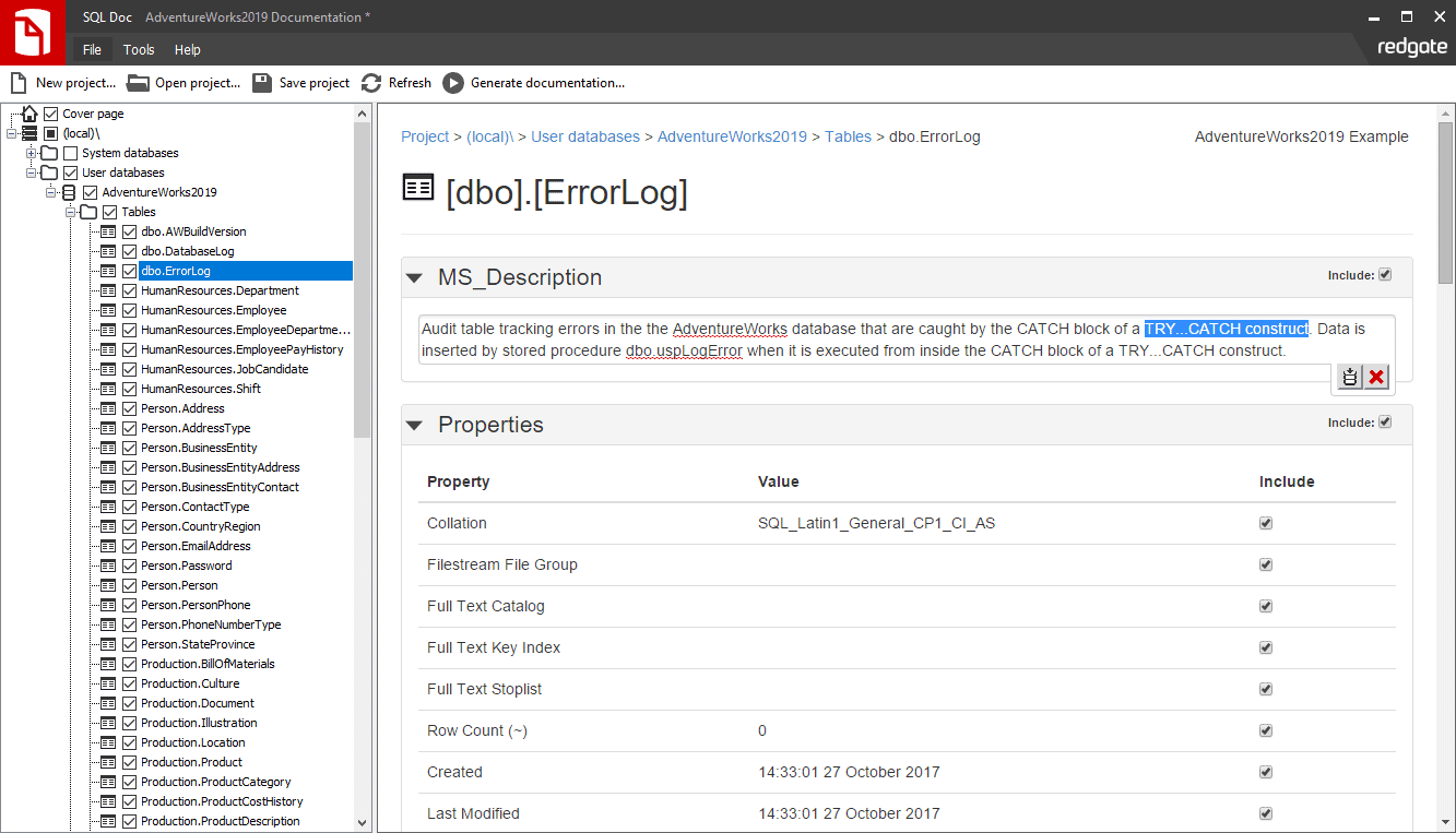 Annotate all parts of the database schema using extended properties