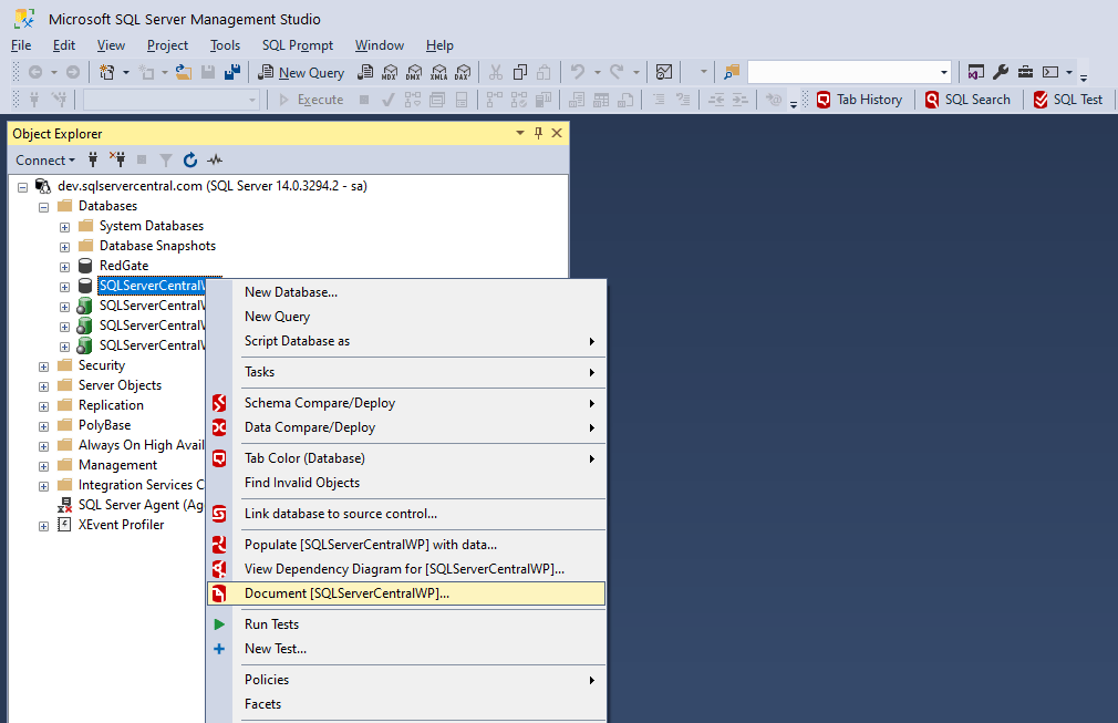 Document databases from within SSMS, by right-clicking in the Object Explorer