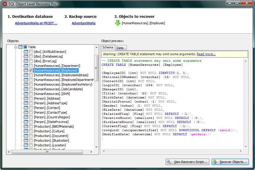 Screenshot of SQL Object Level Recovery Native
