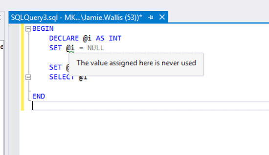 SQL Prompt ProSQL Prompt can find and highlight any parameters or variables that are unused in a script.