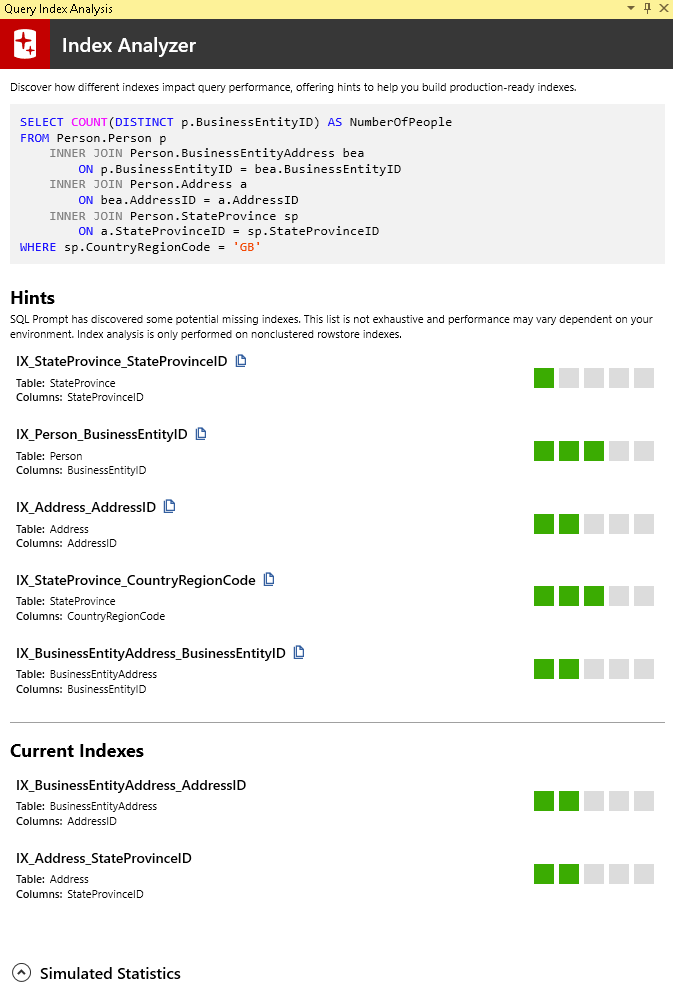 Query Index AnalysisSQL Prompt includes an AI-powered Index Analysis feature, which evaluates the performance impact of different indexes on your query using an