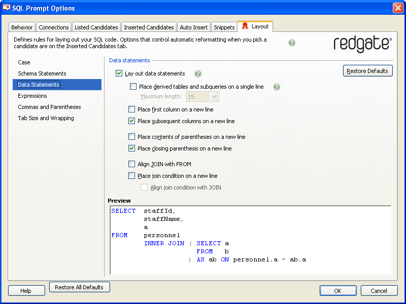 Screenshot of SQL Prompt Standard
