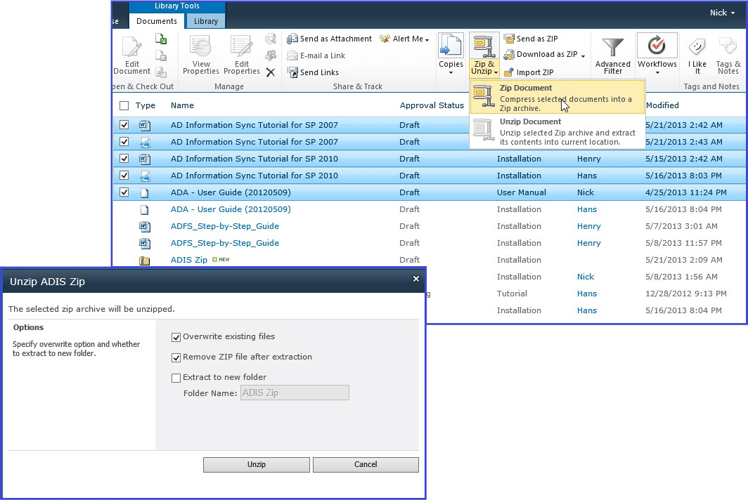 Screenshot of SharePoint Bulk Zip & Unzip