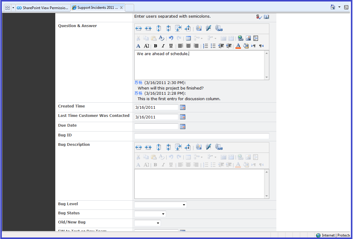 Screenshot of SharePoint Discussion Column
