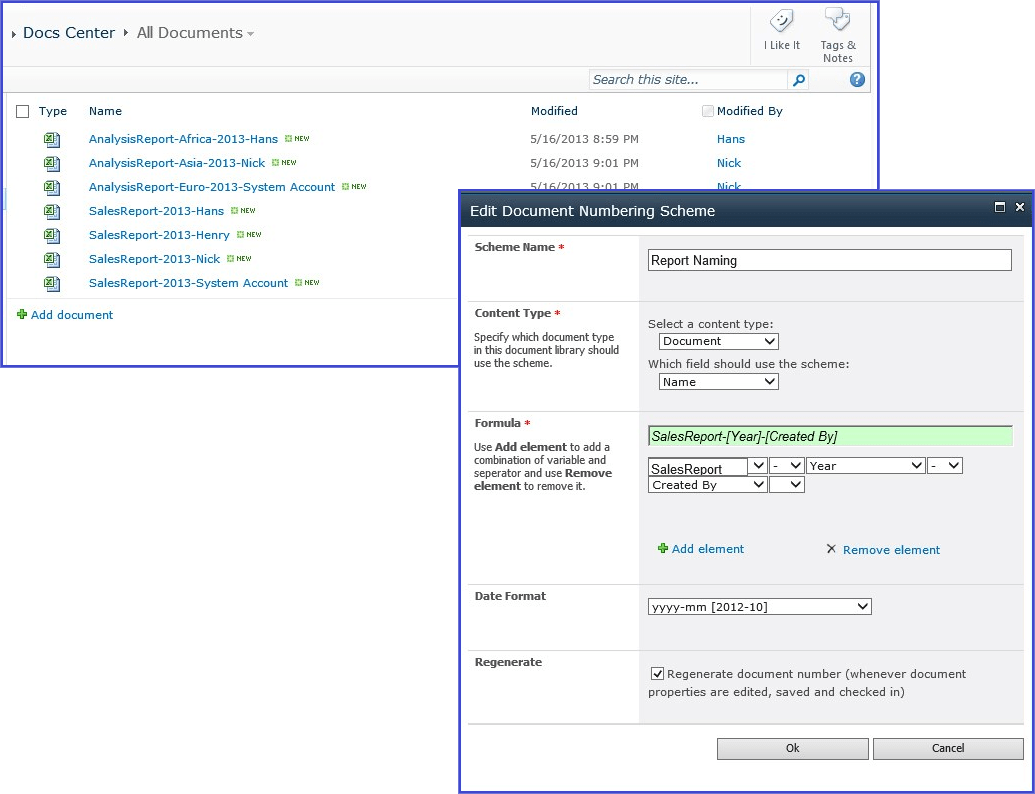 Screenshot of SharePoint Document Number Generator