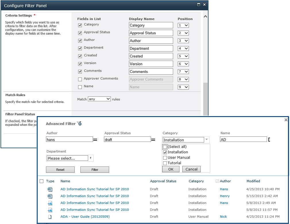 Screenshot of SharePoint List Advanced Filter