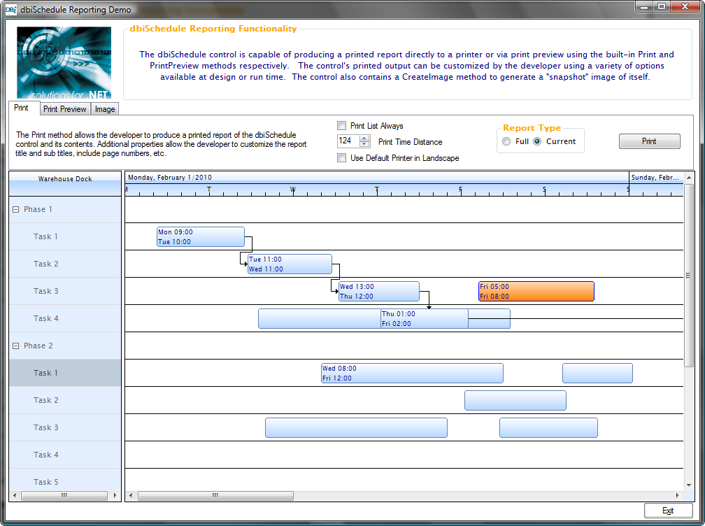 Reporting FunctionalitydbiSchedule control is capable of producing a printed report directly to a printer or via a print preview using the built-in Print and Pr