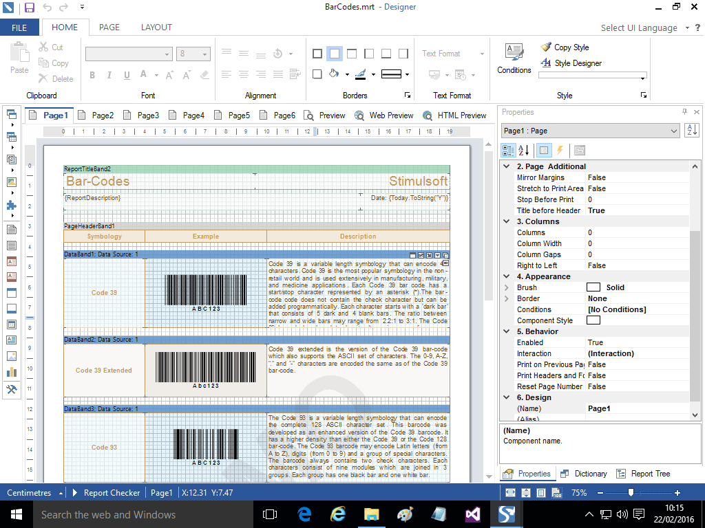Report DesignerIn the report designer the whole report is visually separated into pages in the report template. This allows you to see how elements will be plac