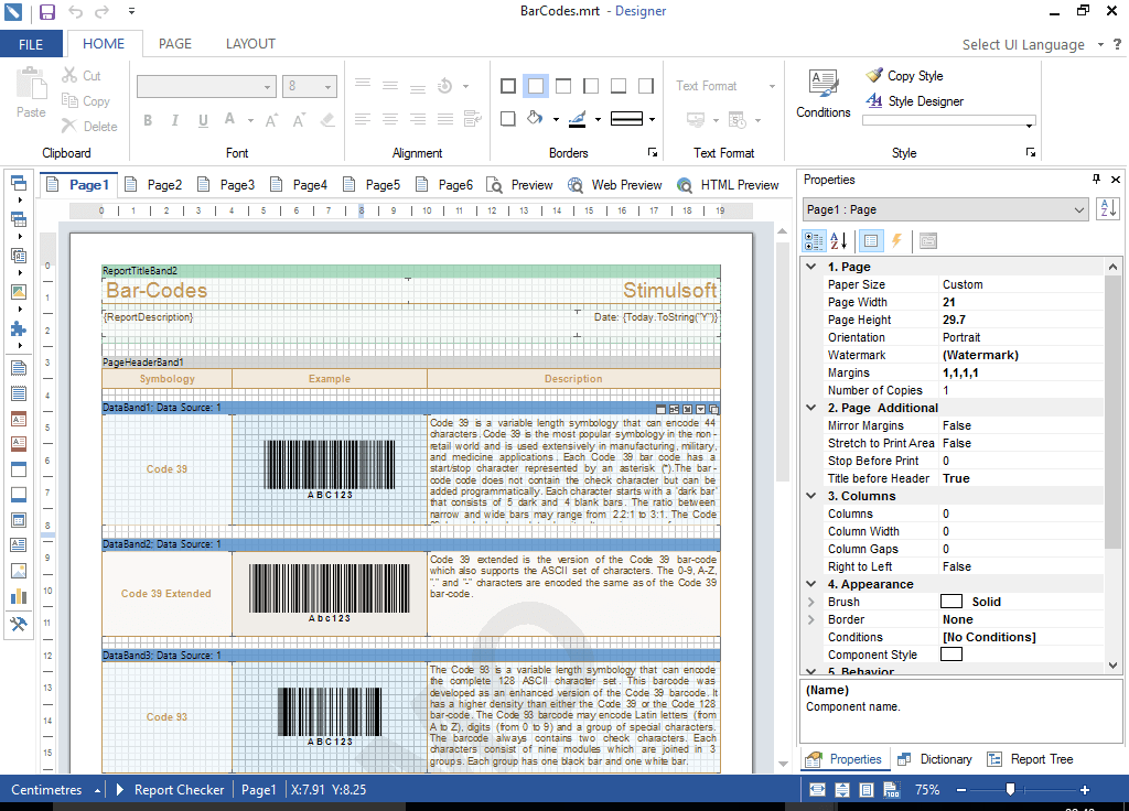 Report DesignerThe report designer is available at runtime. You can edit text, preview reports, zoom etc. and it is fully localized.