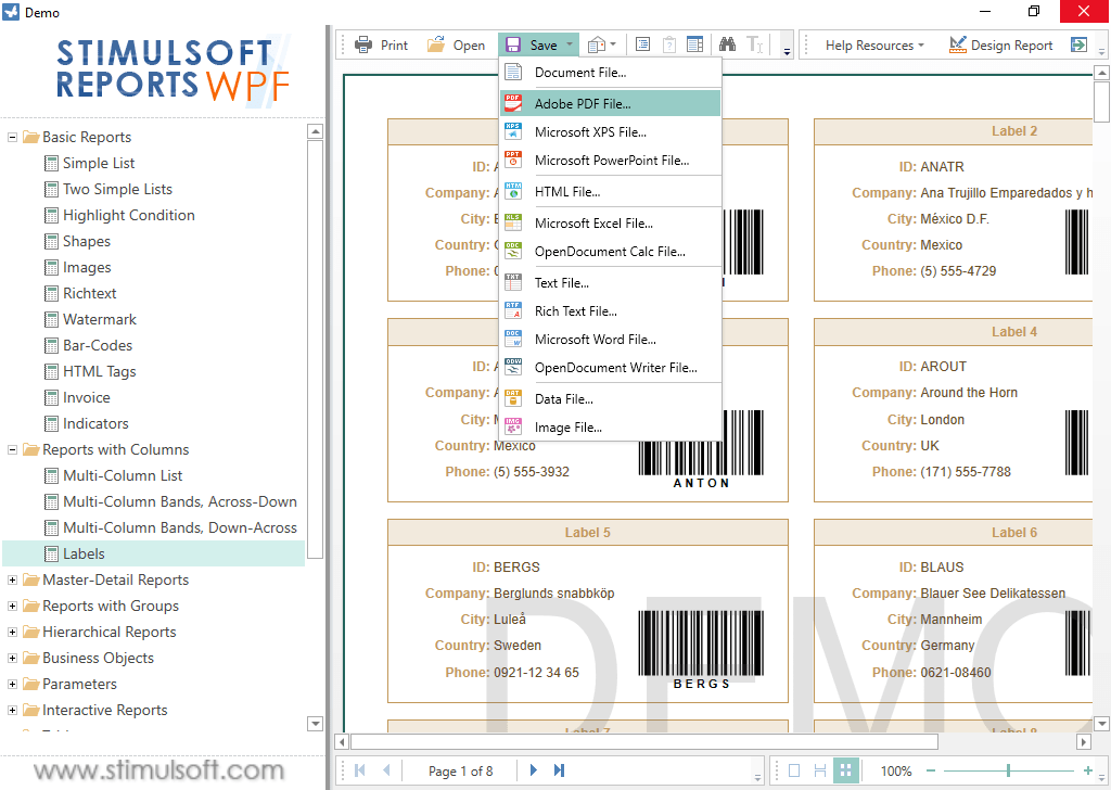 Exporting ReportsWith Stimulsoft Reports.Wpf you can export reports to several formats: HTML, Mht, Text, RTF, PDF, XPS, Excel etc.