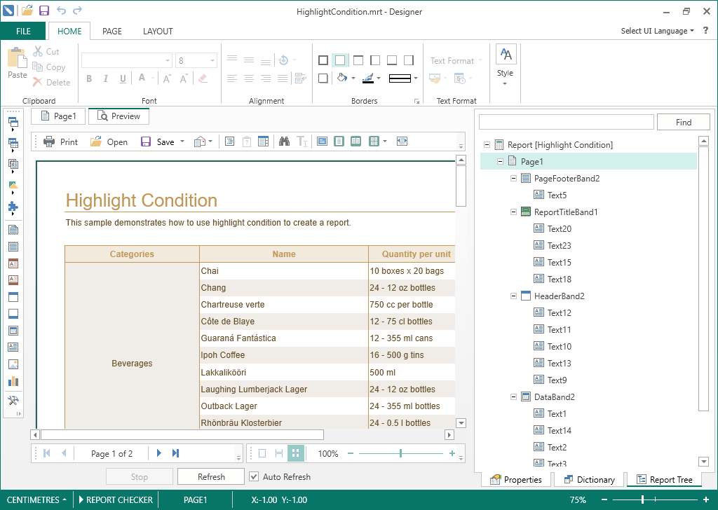 Preview ReportsThe Web reports designer has the function of preview of the report. The preview can be done using two modes: HTML and PDF.