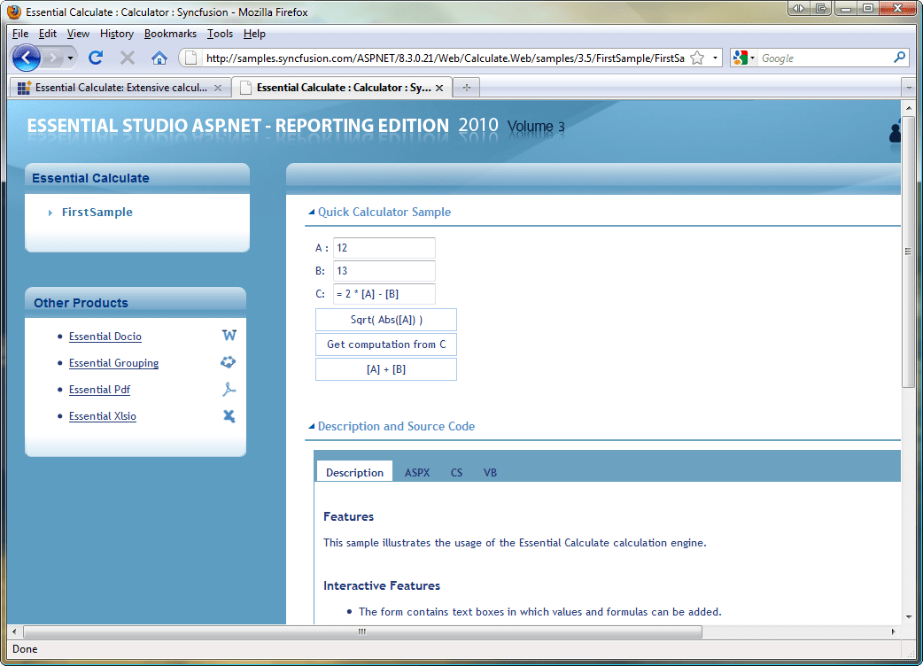 Screenshot of Syncfusion Essential Calculate for ASP.NET