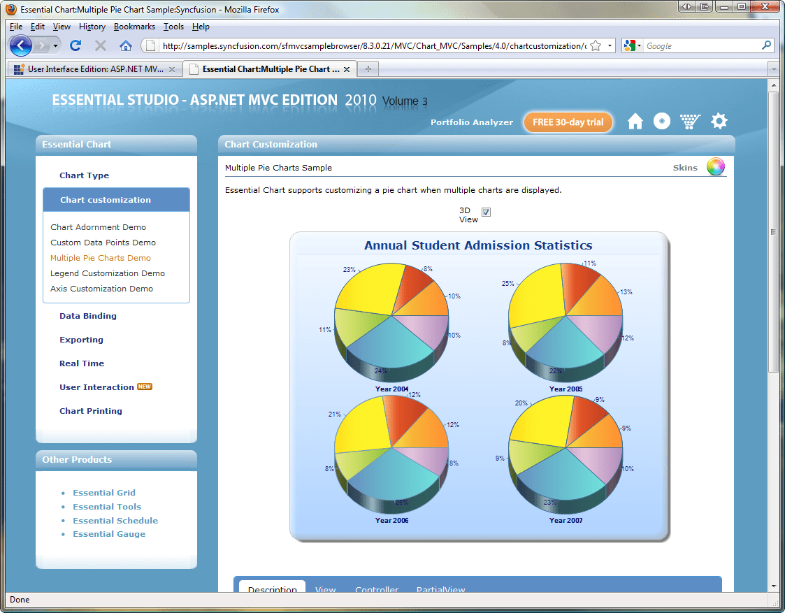 Multiple Pie Charts SampleEssential Chart supports customizing a pie chart when multiple charts are displayed.