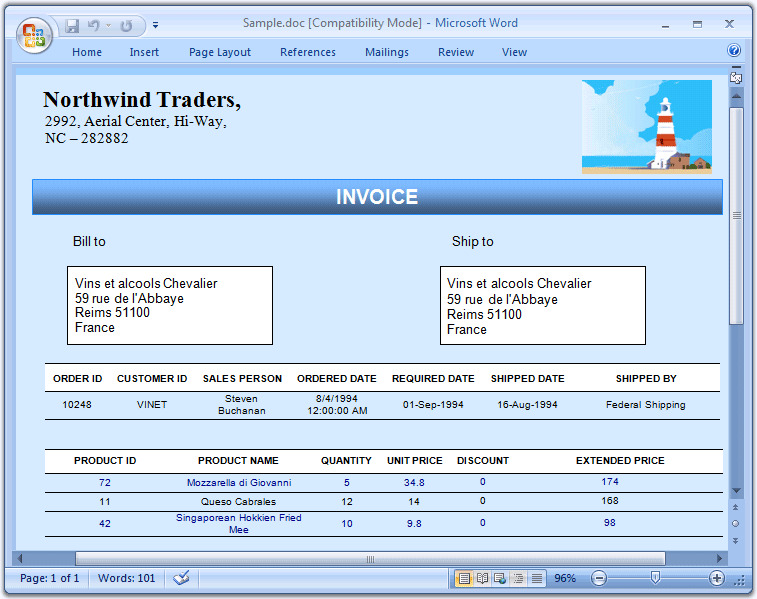 Sales InvoiceDynamicaly create professional sales invoices using the mail-merge feature.