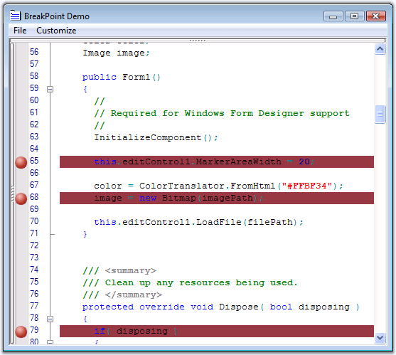 Break pointsLet your users define breakpoints during runtime and highlight such lines with custom colors.