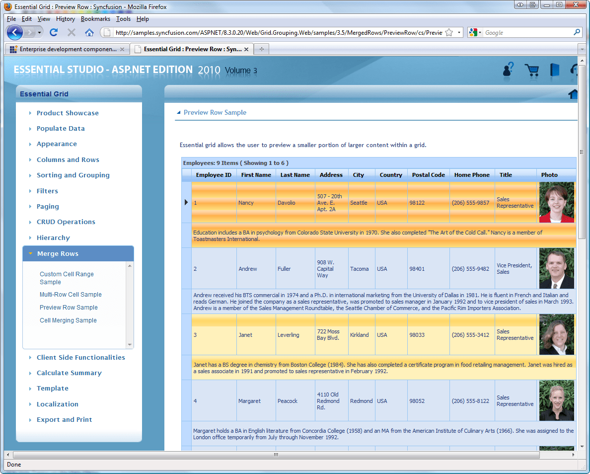 Screenshot of Syncfusion Essential Grid