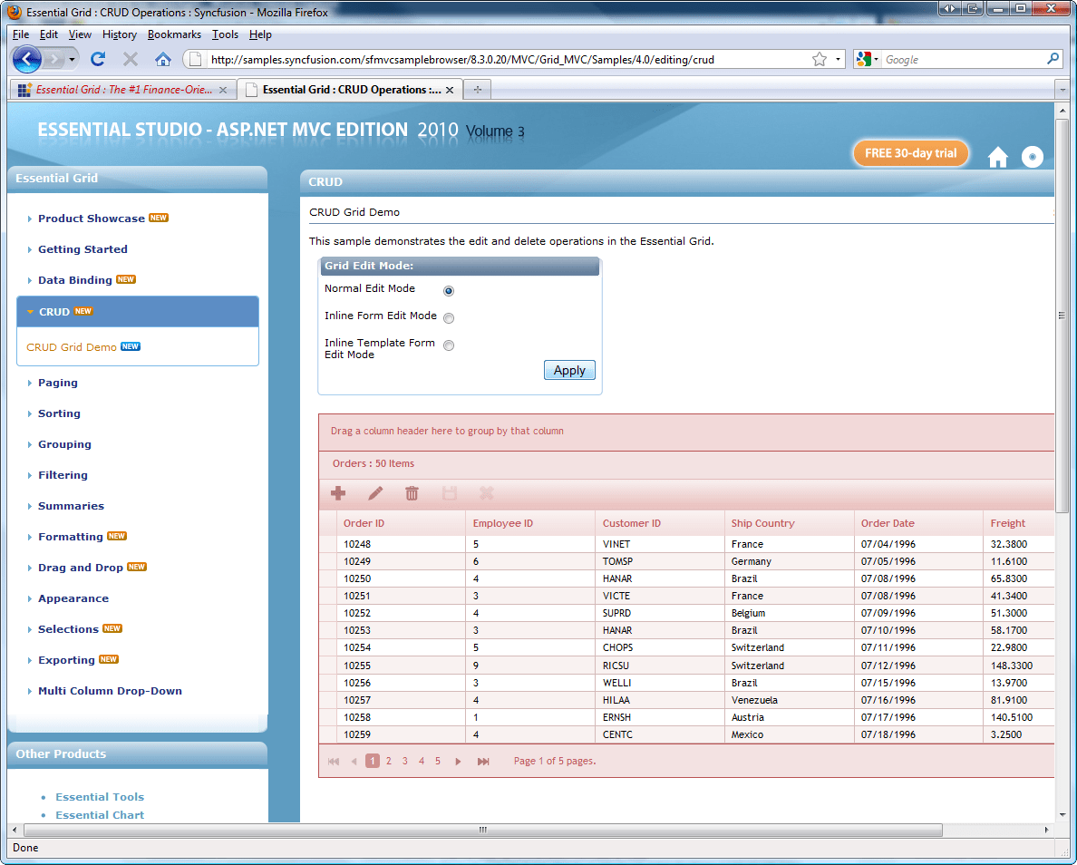 Screenshot of Syncfusion Essential Grid