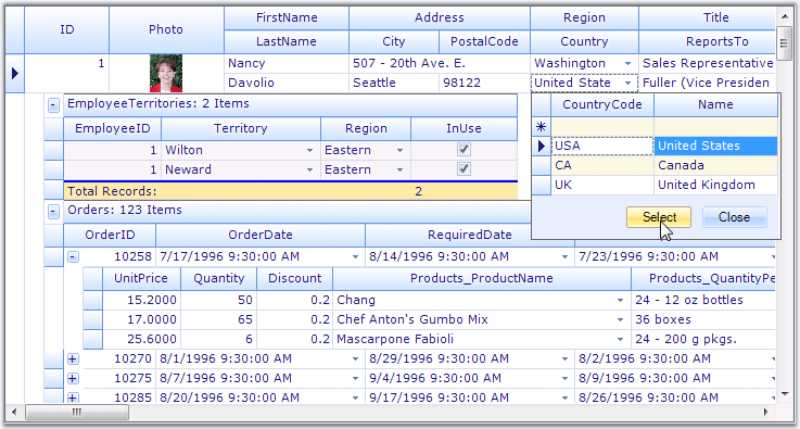 Hierarchical/Master-Detail views (Windows Forms)Bind the grid with hierarchical data and let the grid automatically pick up the relationship between the differe